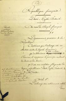 Brouillon du décret d'abolition annoté par Victor Schoelcher
