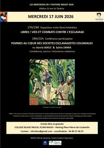 Affiche Mercredis de l'Histoire Cifordom Massy  17 juin 2026. 17H/19H. Collège Blaise Pascal, entrée Place et parking Pierre De Coubertin. 91300 MASSY