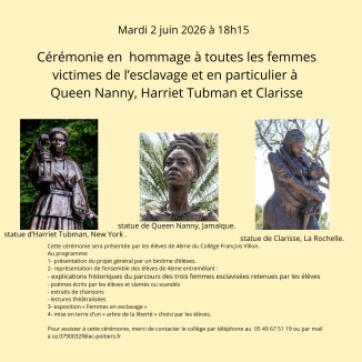 Affiche présentant les trois femmes esclavisées qui seront présentées lors de la cérémonies
