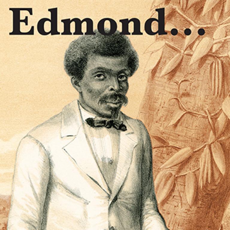 Portrait de l'esclave Edmond Albius, représenté debout, tenant dans sa main gauche une liane de vanille