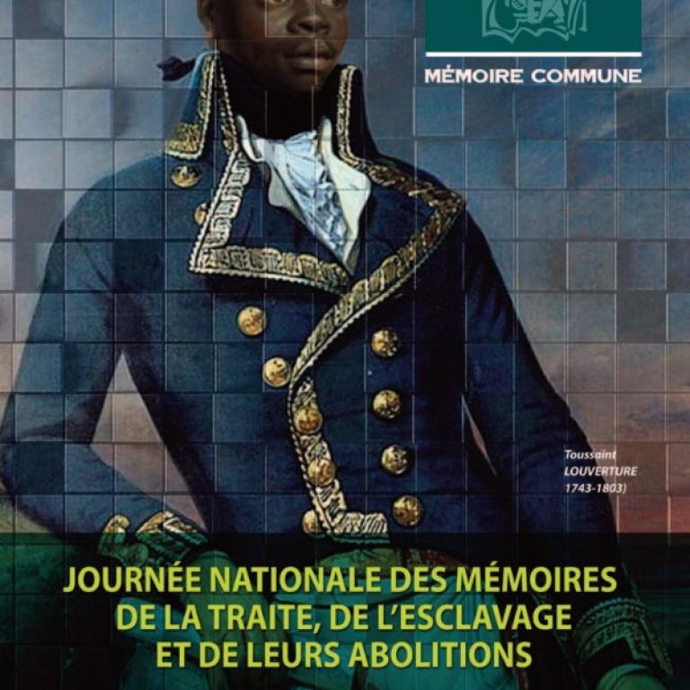 Portrait de l’affiche : Toussaint LOUVERTURE (1743-1803), ancien esclave devenu général de la République, puis chef de la plus grande colonie française sous la Révolution. Son combat a ouvert la voie à l’indépendance d’Haïti en 1804.