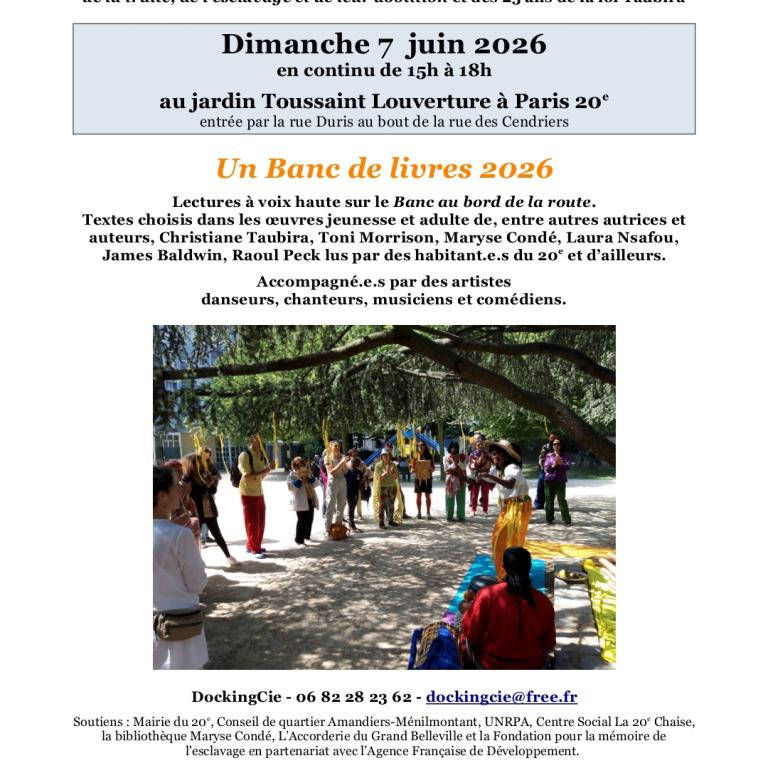 Lectures en musique, chant et danse sur Le banc au bord de la route au Jardin Toussaint Louverture -Paris 20e
