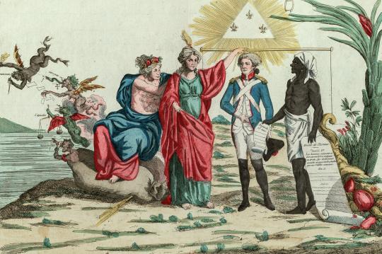 Scène allégorique réalisée après le décret de suppression de l'esclavage aux colonies le 4 février 1794 et faisant référence à ​​​​​​la Déclaration des droits de l'homme et du citoyen de 1789. Paris, 1794