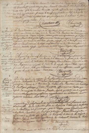 Actes de naissances et de décès rédigés par l’officier d’état civil de Basse-Terre entre le 24 août 1802 et le 3 janvier 1803.