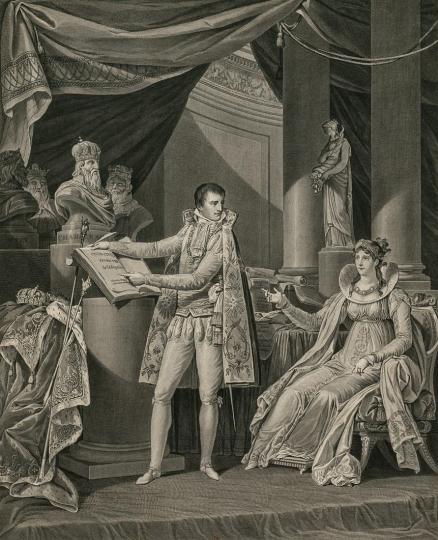 François-Anne David Napoléon Bonaparte présentant le code civil à l'impératrice Joséphine. Gravure 1807