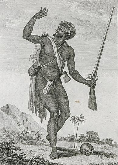 Nègre rebelle en faction Dans Voyage à Surinam et dans l'intérieur de la Guyane contenant La Relation de cinq Années de Courses et d'Observations faites dans cette Contrée intéressante et peu connue 18éme siècle