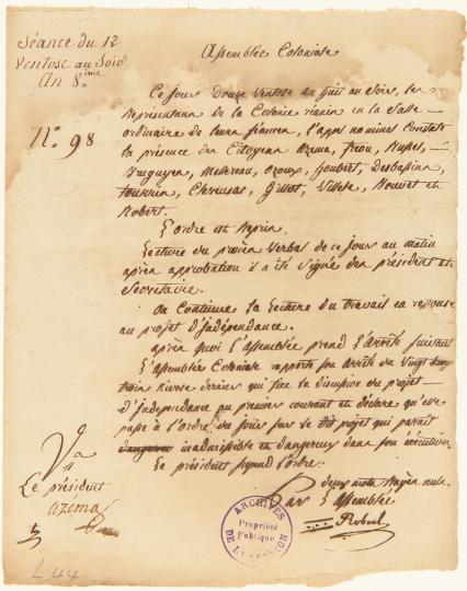 Figure 3: Proclamation de l’Assemblée coloniale de l’île de France adressée à Paris pour tenter de justifier le renvoi de Baco et Burnel, le 21 thermidor an IV (8 août 1796). ADR, L 331