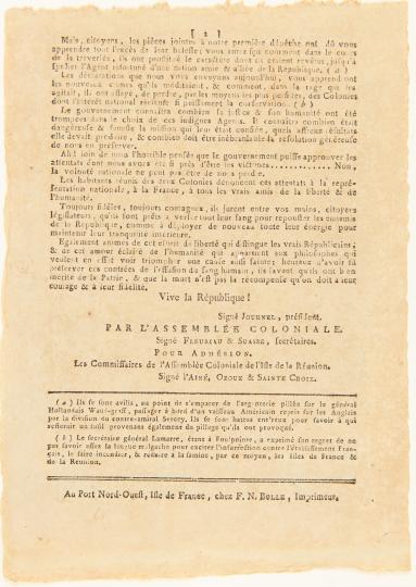 Figure 4.2: Arrêté de l’Assemblée coloniale du 12 ventôse an VIII (3 mars 1800) relatif au projet d’indépendance, jugé « inadmissible et dangereux dans son exécution ». ADR, L 44