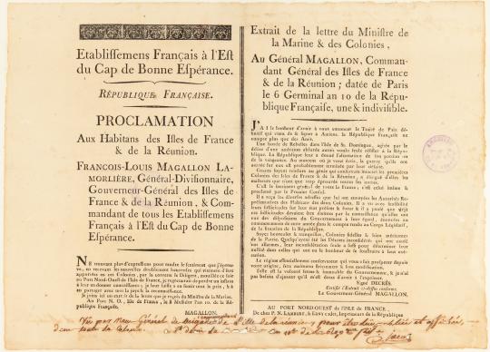Figure 5:Déclaration de l’Assemblée coloniale du 17 nivôse an IX (7 janvier 1801) dans laquelle elle affirme à la fois son attachement à la France et son rejet du décret d’abolition. ADR, L 46 [on peut recadrer sur cet article]