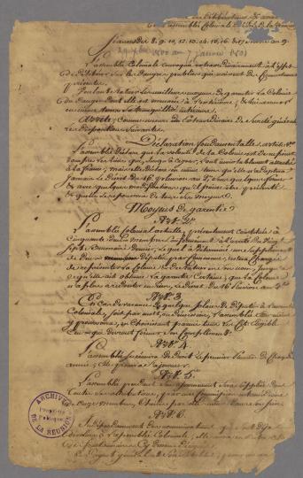 Figure 6: Proclamation du gouverneur général Magallon aux habitants des îles de France et de La Réunion, 8 messidor an X (27 juin 1802), contenant la copie d’une lettre du nouveau ministre de la marine et des colonies, Decrès, rassurant les colons sur le maintien de l’esclavage. ADR, L 331.