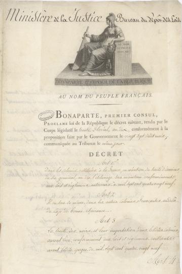 Décret-loi autorisant la traite et l'esclavage dans les colonies restituées par le traité d’Amiens